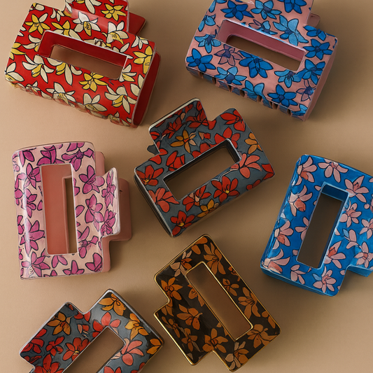 Korean Japanese style floral PVC claw clips – pack of 6 colorful hair accessories