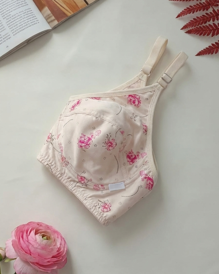 Floral-patterned underwear on a light surface with a pink flower and open book in the background