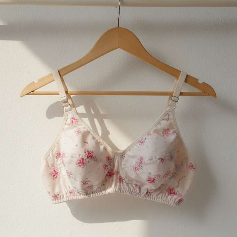 Floral-patterned bra on a wooden hanger against a white wall