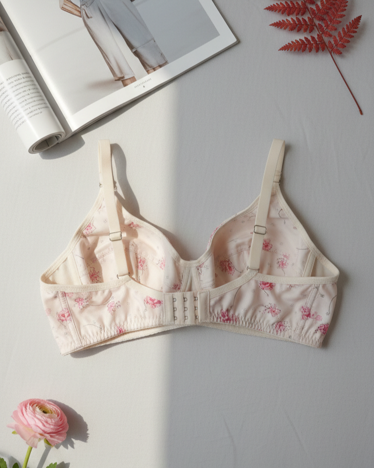 Floral-patterned bra on a light gray surface with a magazine and pink flower.