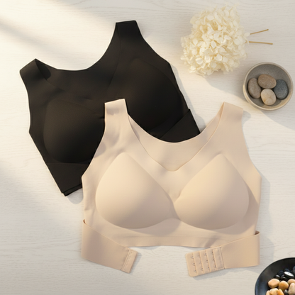 Black and beige bras front and back closure buckles. no wire bra for soft grip