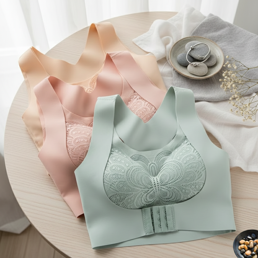 Butterfly Lace Front-Close Bra | 3D Push-Up + Wireless X-Back Posture Support