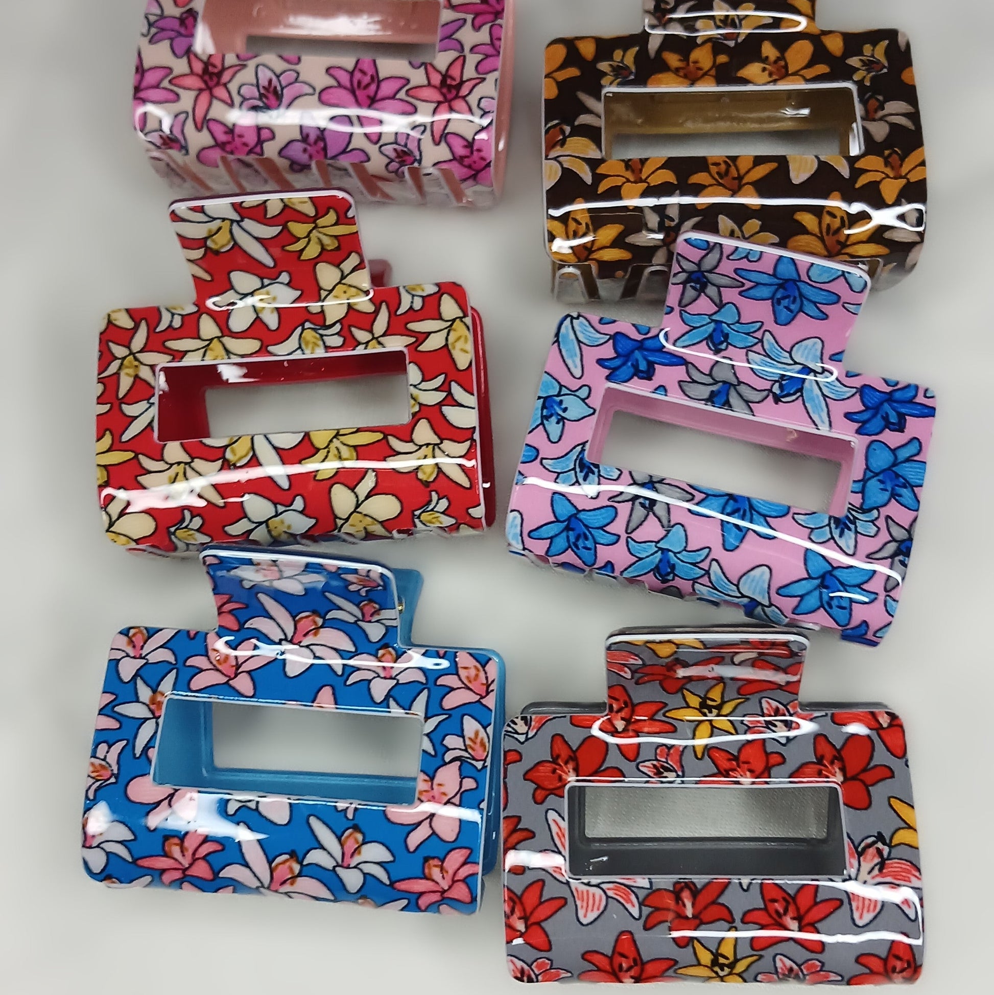 Floral printed square hair claw clips set for women – durable PVC hair accessories