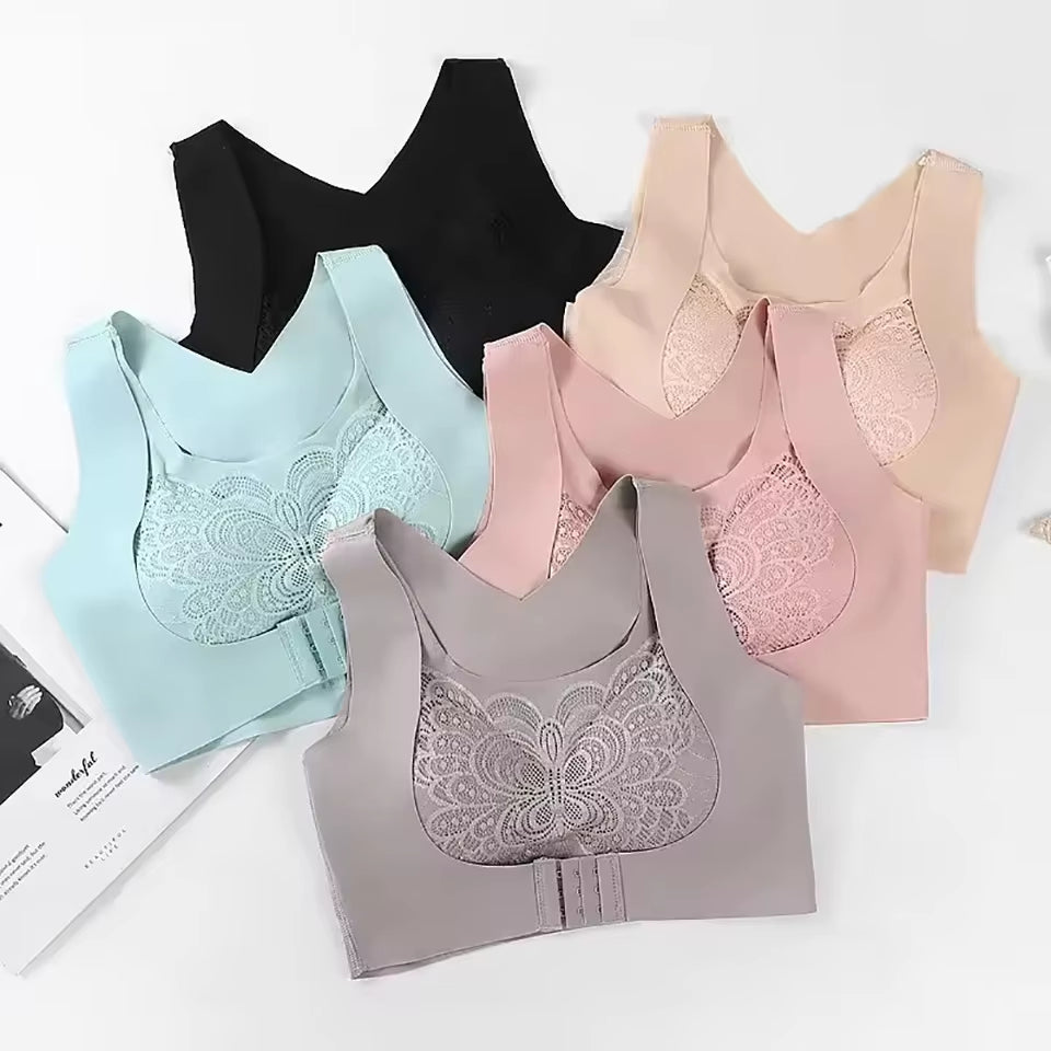 wireless posture corrector bra with front-close hooks and removable pad support